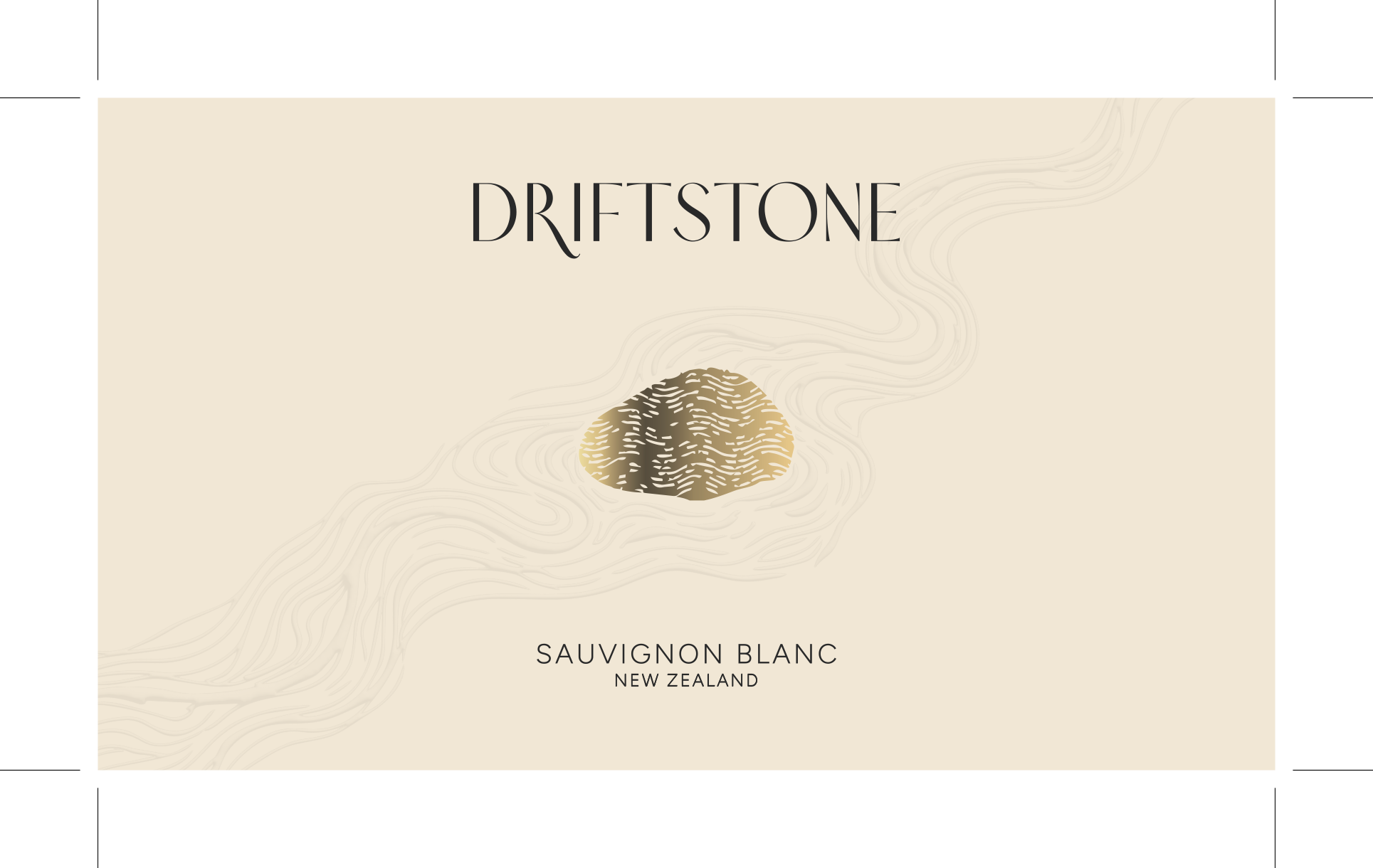 New Zealand white wine label with the name Driftstone, featuring an illustration of a stone in the center.