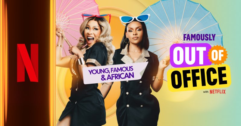 Two women posing with colorful umbrellas in the background, one holding a pink umbrella and the other holding a blue umbrella. The image promotes the Netflix series "Out of Office" featuring young, famous, and African women.