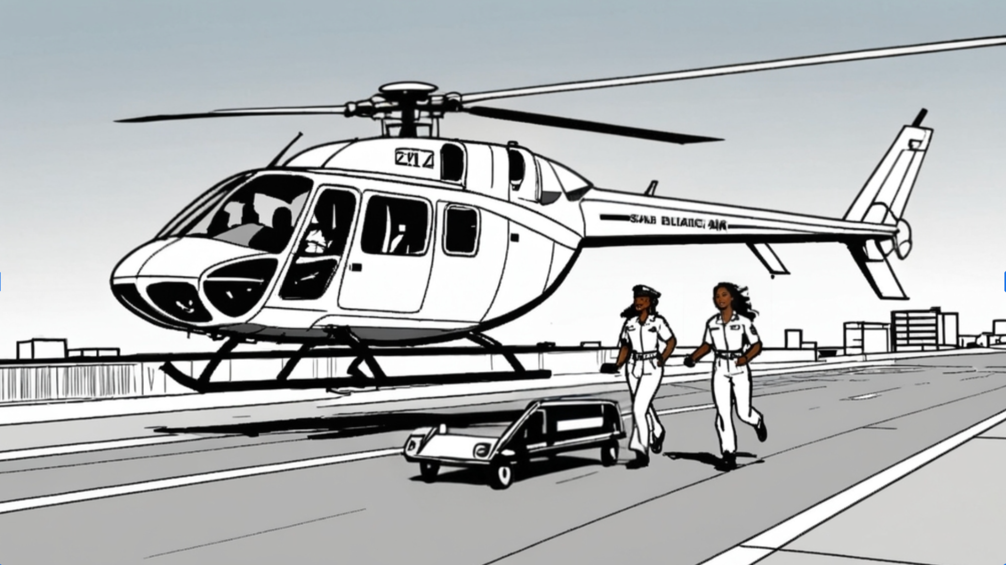 Black and white illustration of a helicopter with two women in uniform walking nearby, and a small car on a city rooftop with buildings in the background.