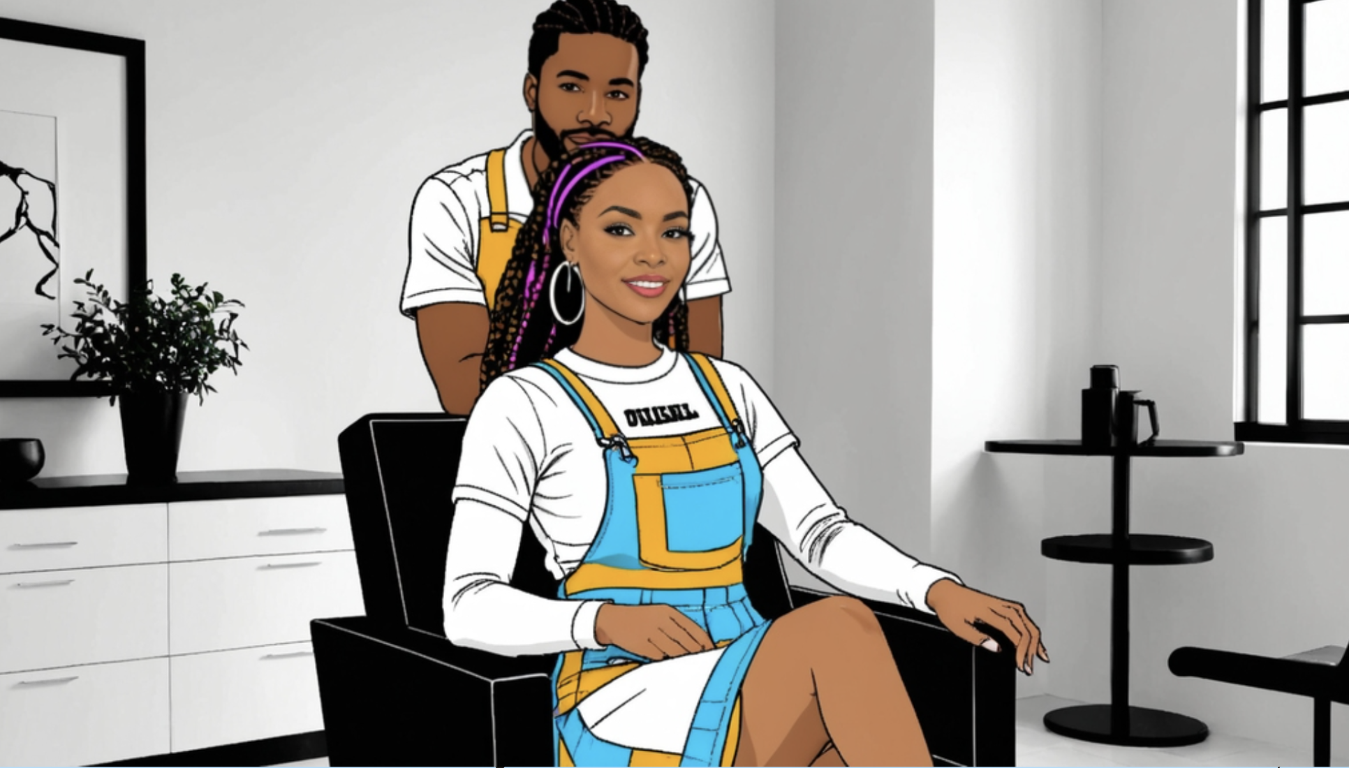 An illustrated image of two women in a modern, minimalistic room with a black and white color scheme. One woman is seated at a desk, wearing a white long-sleeve shirt and a yellow and blue apron, smiling at the camera. The other woman stands behind her, wearing a similar apron, with braided hair highlighted with purple and pink accents, looking slightly to the side.