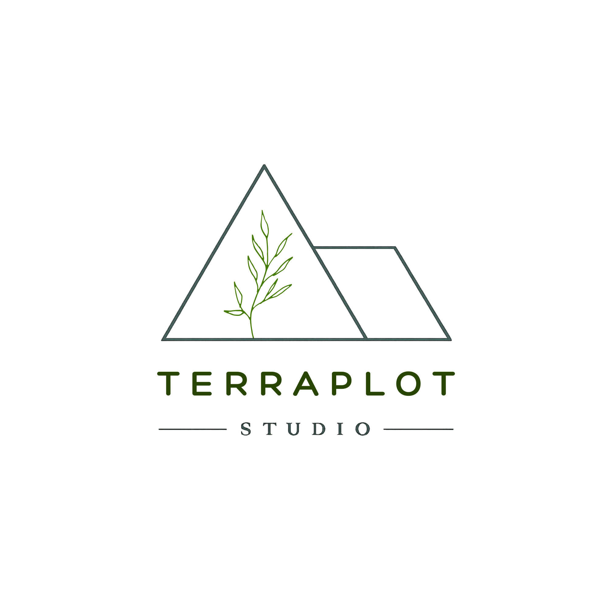 A logo for Terraplot Studio featuring a minimalist triangular mountain outline with a green leaf inside, and the text 'TERRAPLOT' below.