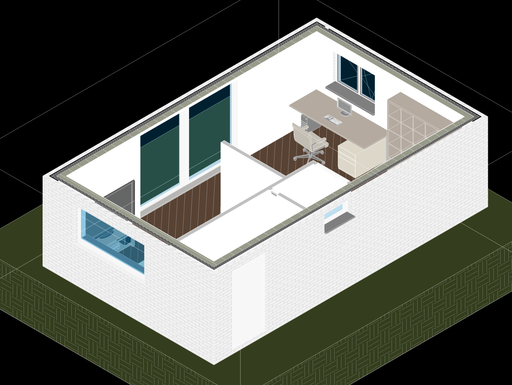 A 3D model illustration of a small building's interior with a room featuring a desk with a computer, bookcase, and two large windows, and an exterior view showing a window and part of the brick wall.