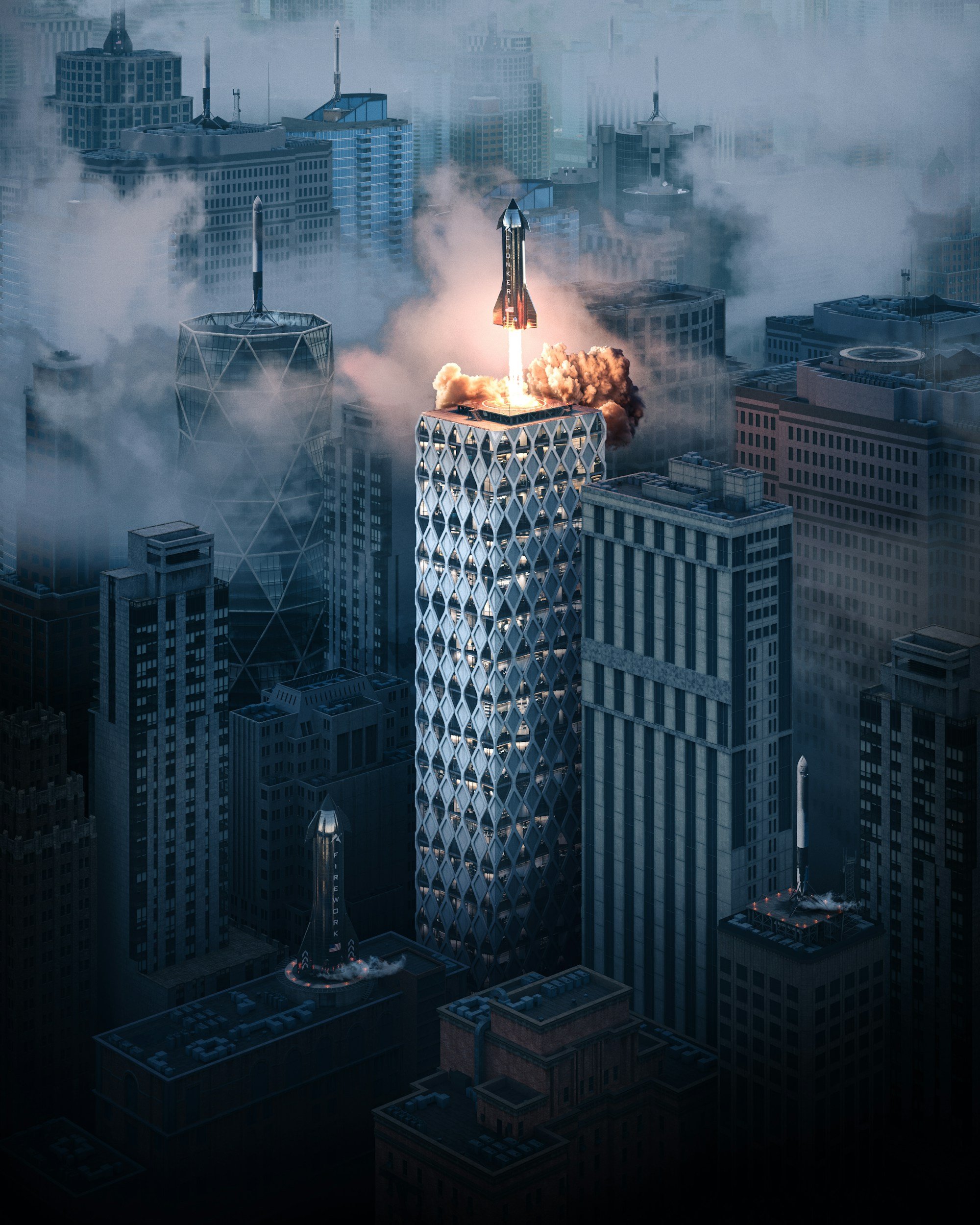 A rocket launching from a skyscraper rooftop in a city with tall buildings, clouds of smoke, and a foggy atmosphere.