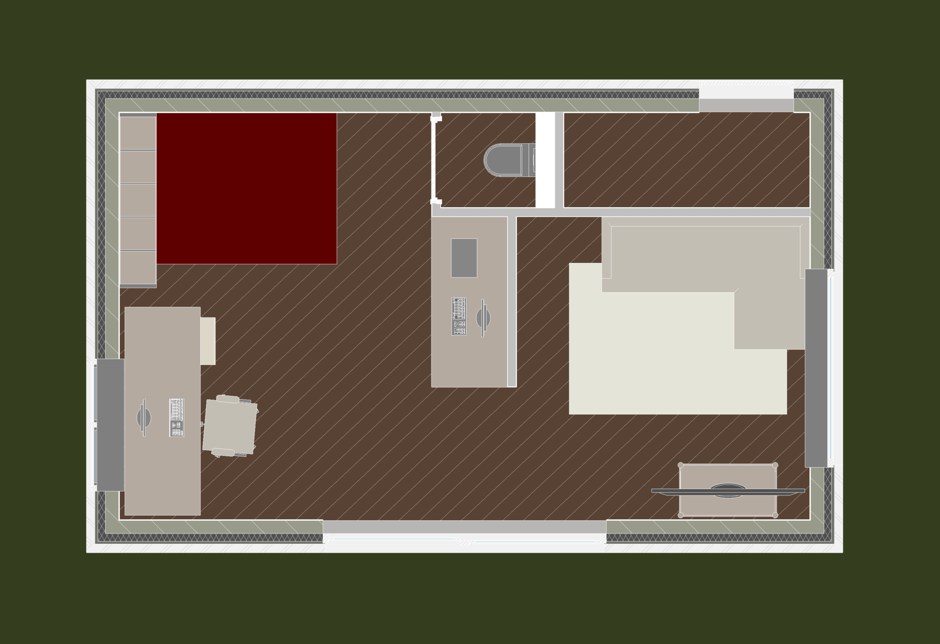 Floor plan of a room with dark wood flooring, showing a bed, a desk with a chair, kitchen appliances, and a bathroom.