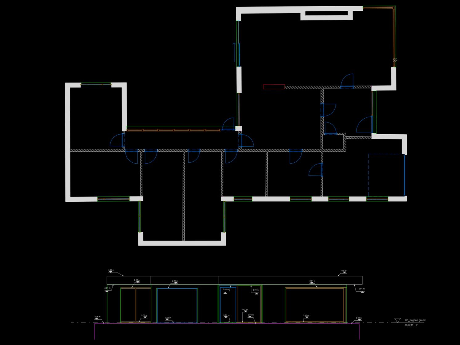 Architectural floor plan of a building with various rooms, doors, windows, and structural details.