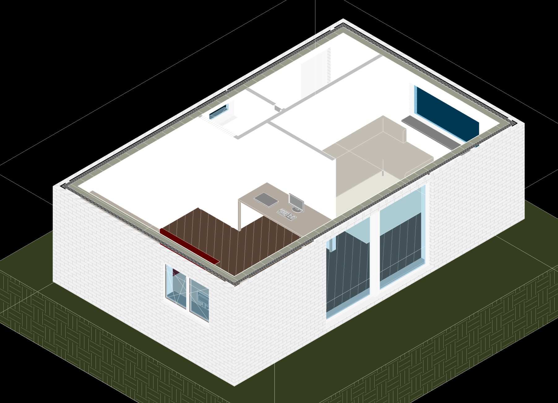 Isometric view of a two-story modern house with white brick exterior, large glass windows, and a rooftop area with a TV and outdoor seating.