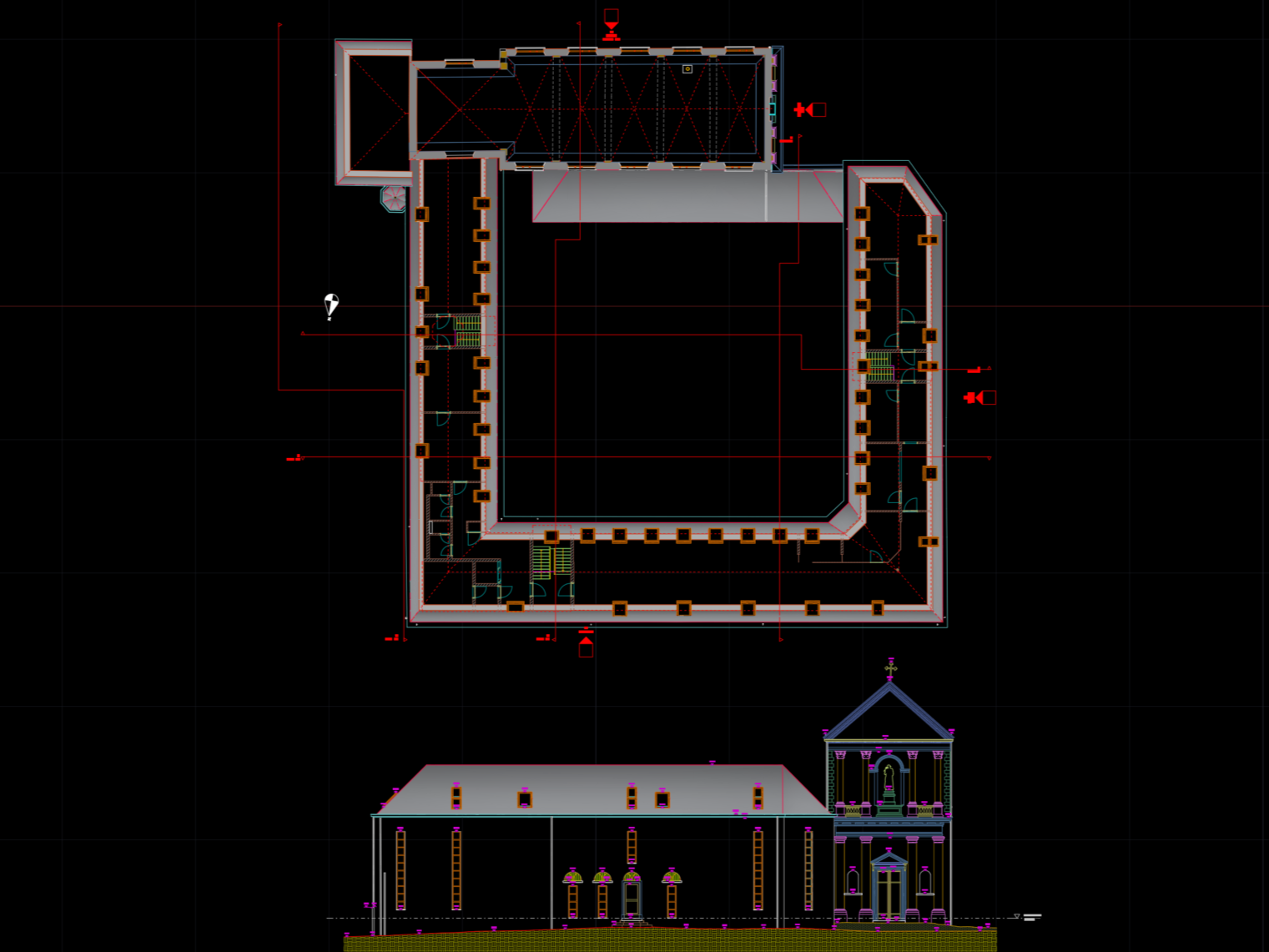 Architectural blueprint of a building with a courtyard, including floor plans and elevation views, displayed on a black background.