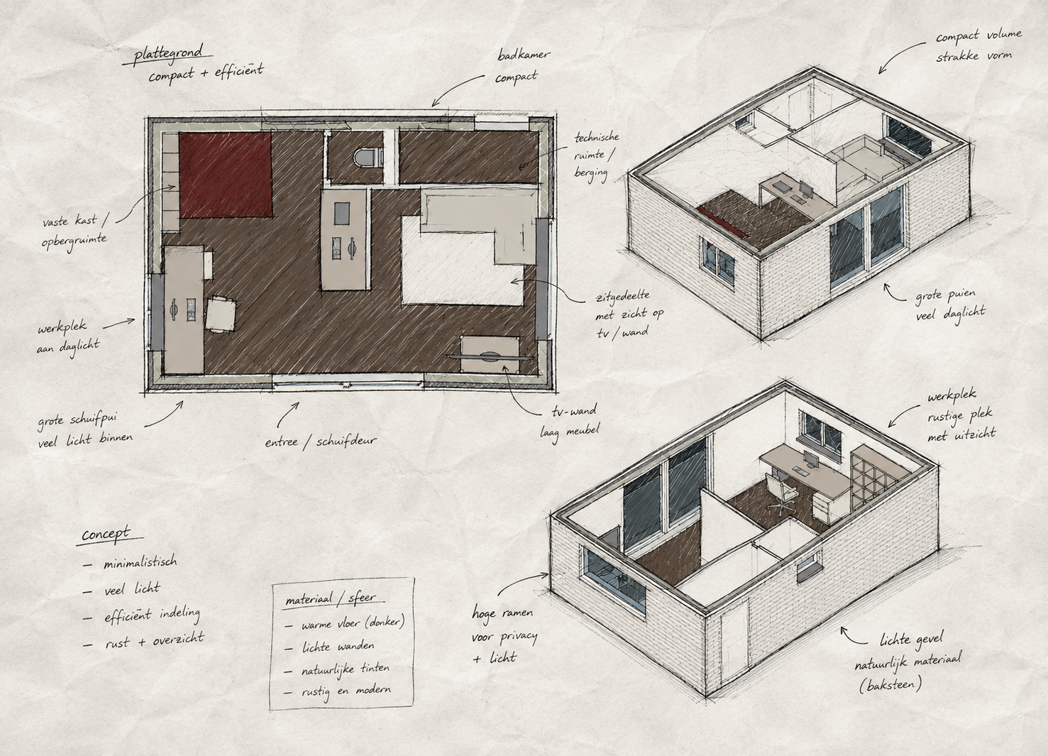 Design sketches of a small, minimalist house with floor plans and 3D views. The house features large windows for natural light, wood and brick materials, and a compact, efficient layout with a focus on natural light and open spaces.