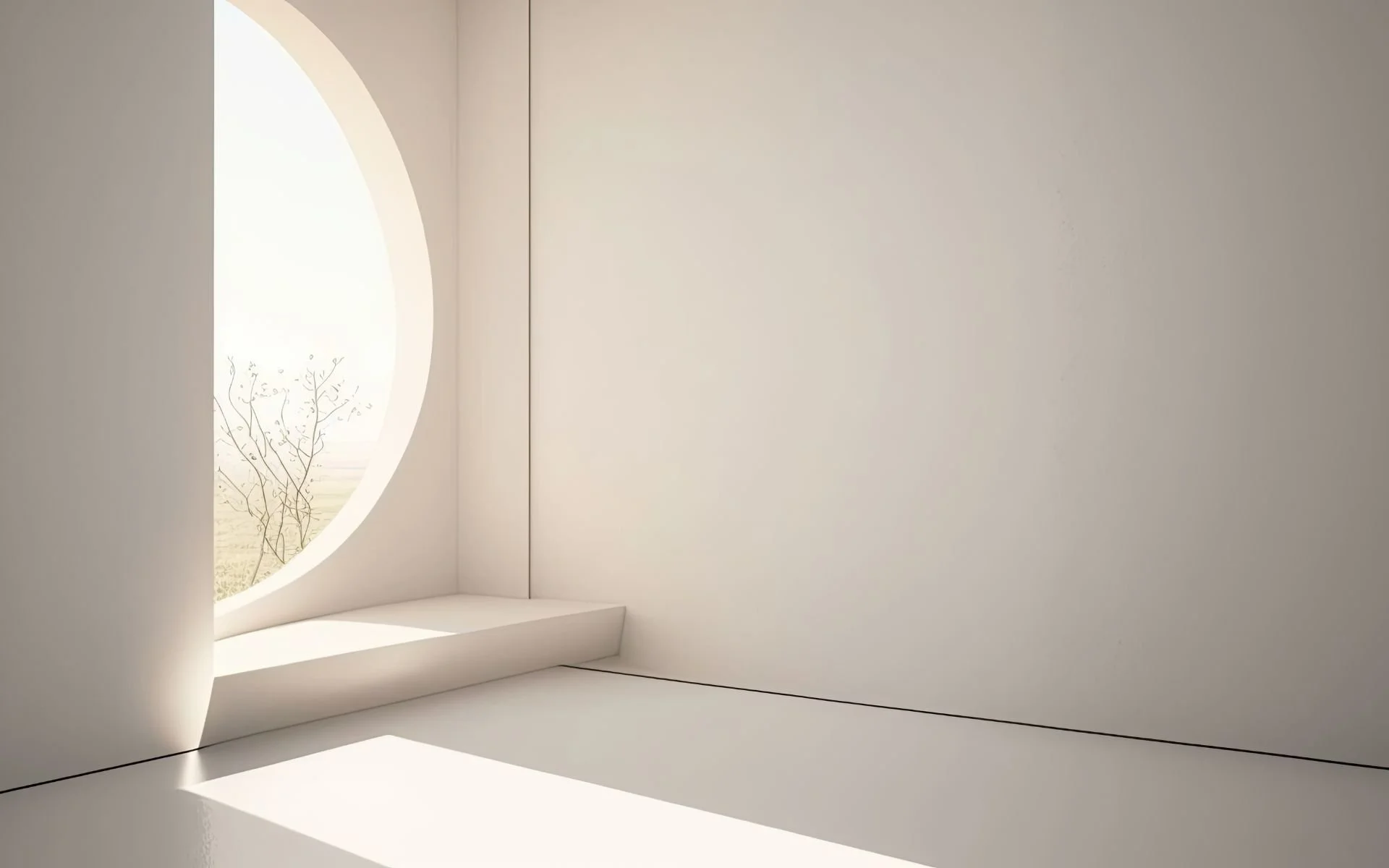 Minimalist white room with a large oval-shaped window showing a tree outside, casting shadows on the white wall.