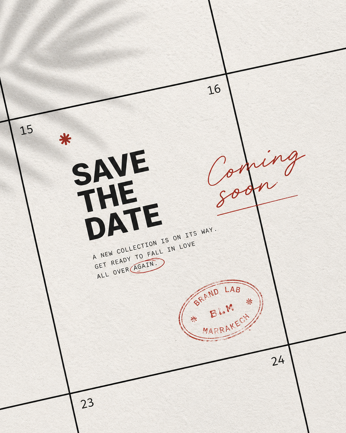 Save the date card with a calendar design, featuring text that says 'Coming soon', 'Save the date', and 'Again', and a stamp reading 'Brand Lab Marrakech'.