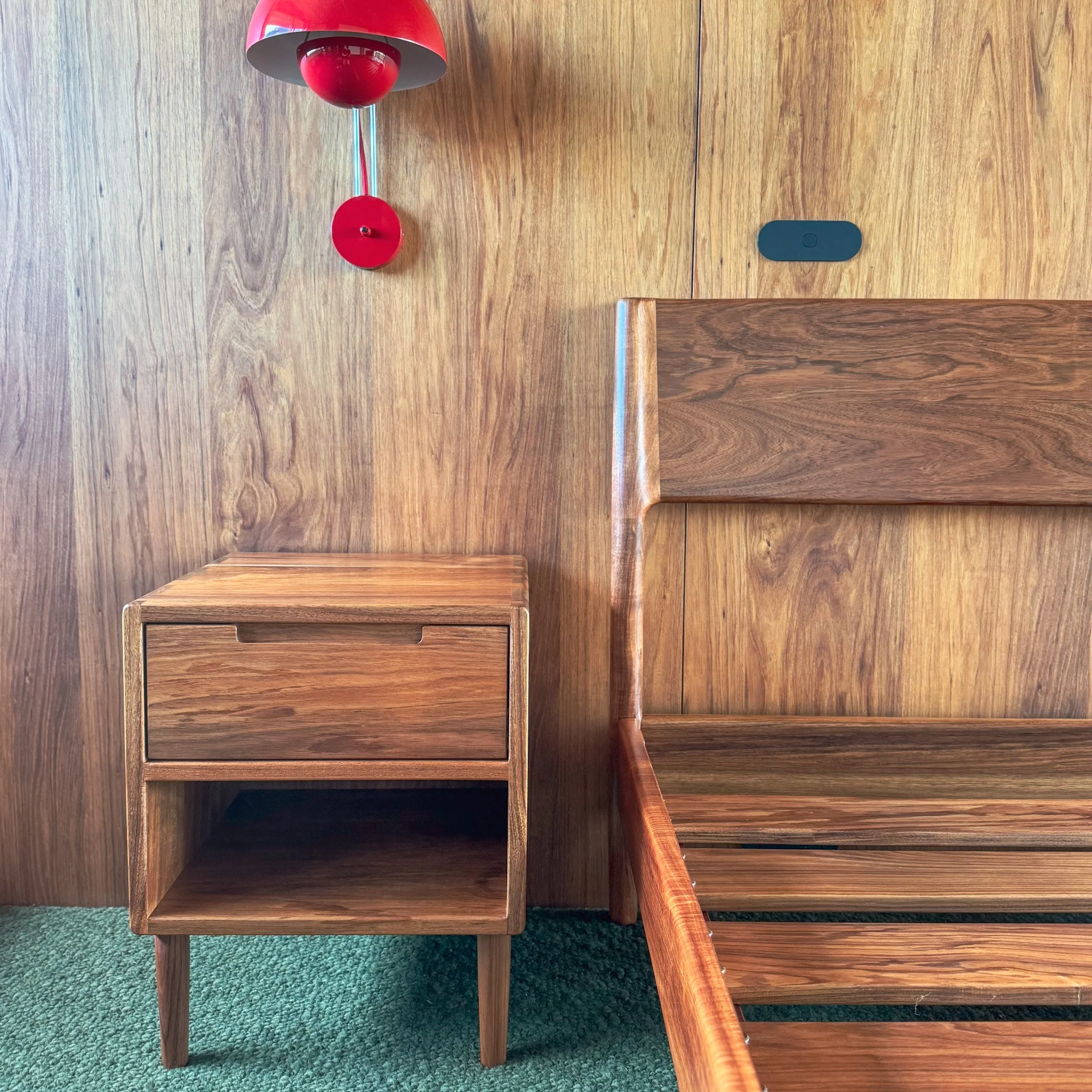 Custom Blackwood hardwood bedside table and bed frame, made by Daniel Charles Studio Seaford