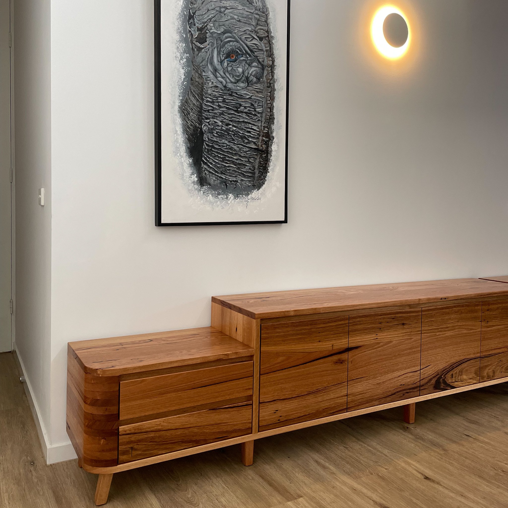 Timber sideboard, recycled hardwood, large curve 