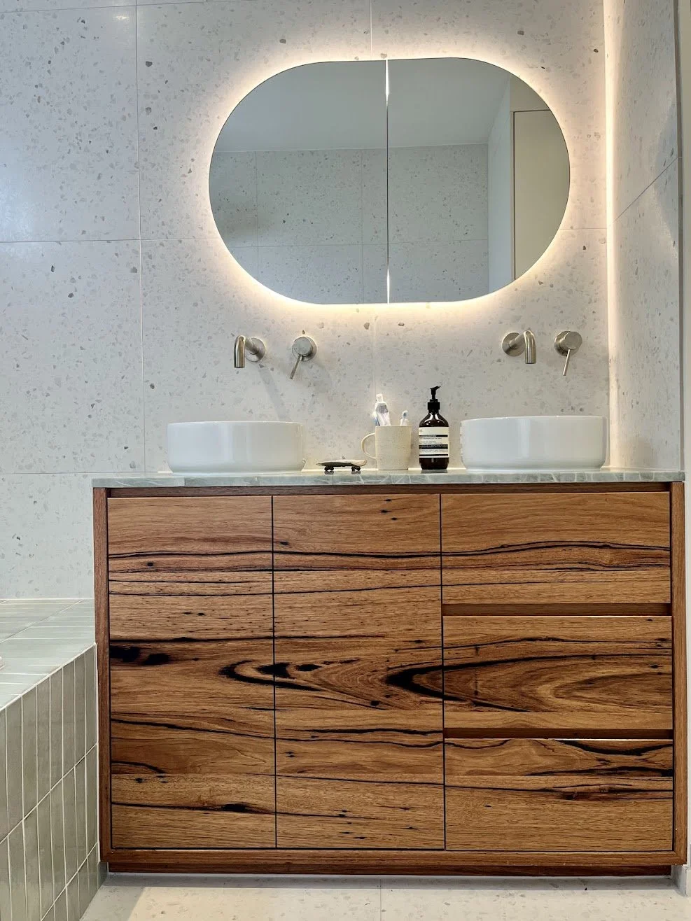 Custom reclaimed timber bathroom vanity with stone top, handcrafted by Daniel Charles Studio Seaford Melbourne