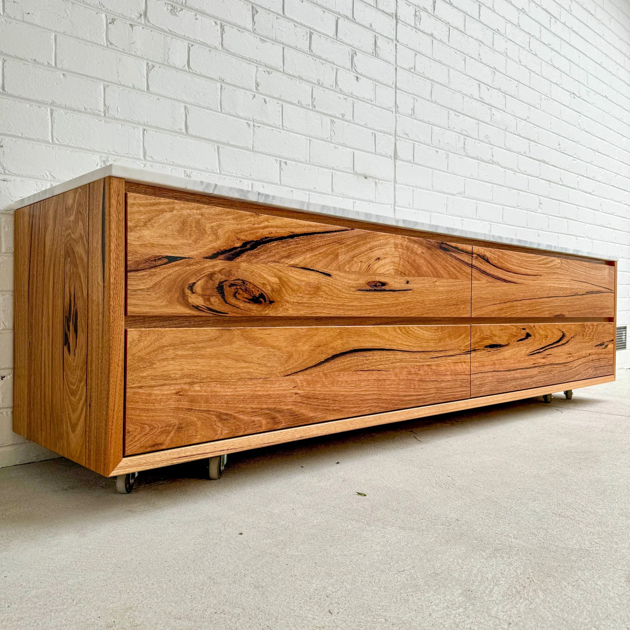 Bespoke messmate timber vanity with stone top, handcrafted from reclaimed wood by Daniel Charles Studio, Seaford Melbourne
