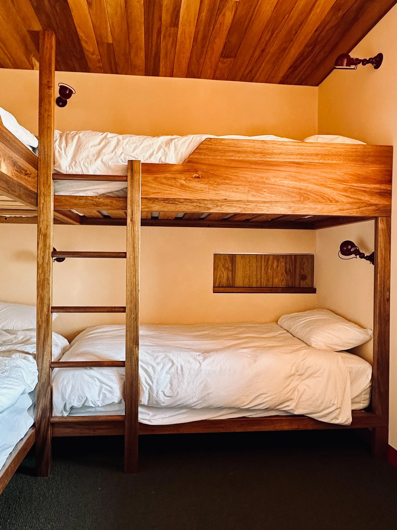 A loft bed with a wooden frame and ladder, with a mattress, pillow, and white bedding on the lower bed. The wall behind the bed is beige, and there are dark wall-mounted reading lamps on each side.
