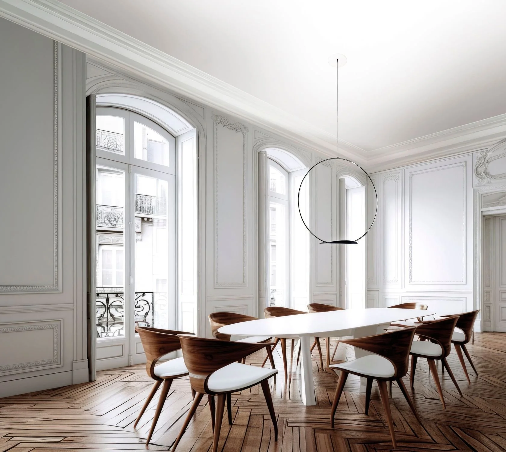 Interno di una stanza elegante con grandi finestre ad arco, pareti bianche ornate e un tavolo rotondo con sedie di legno, illuminata da un moderno lampadario a sfera.