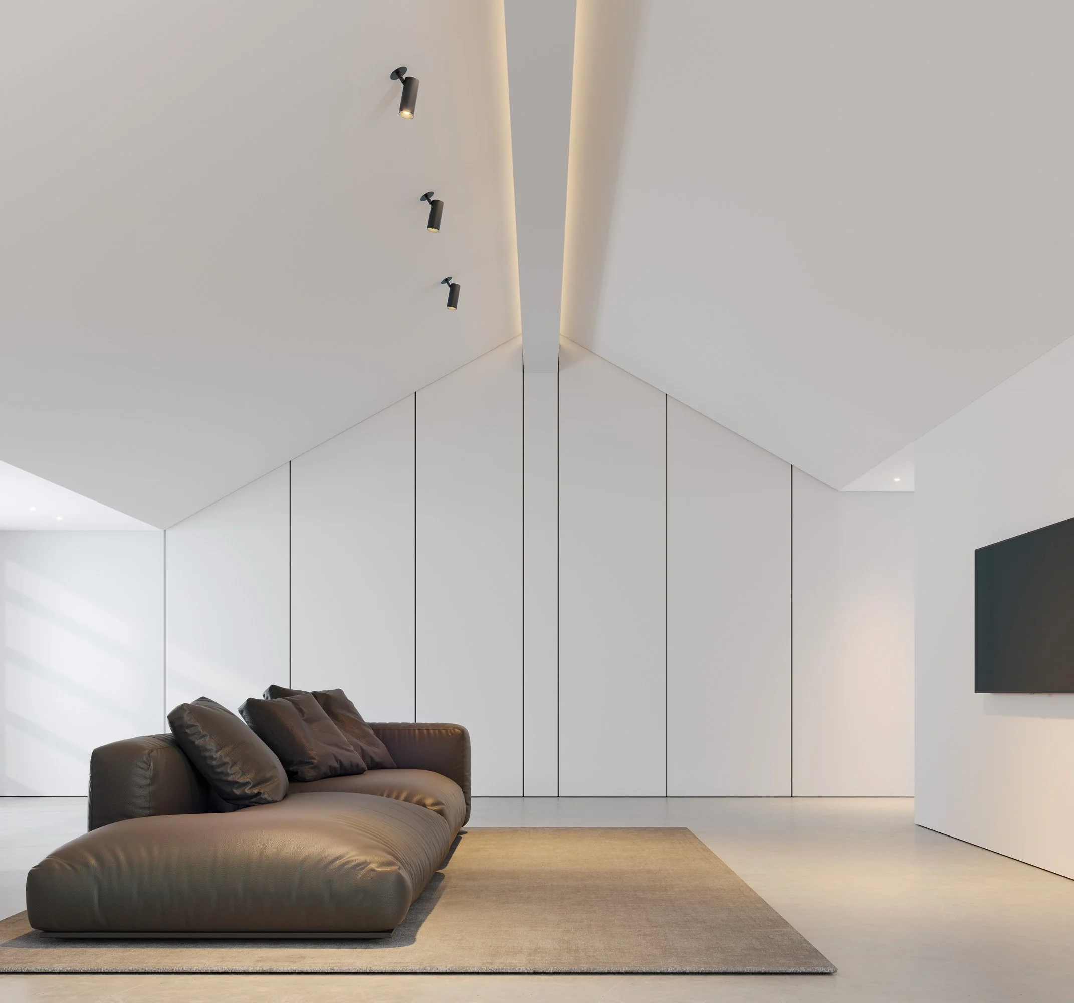 Soggiorno moderno con divano in pelle marrone, tappeto beige, pareti bianche, luce spot e pareti a specchio.