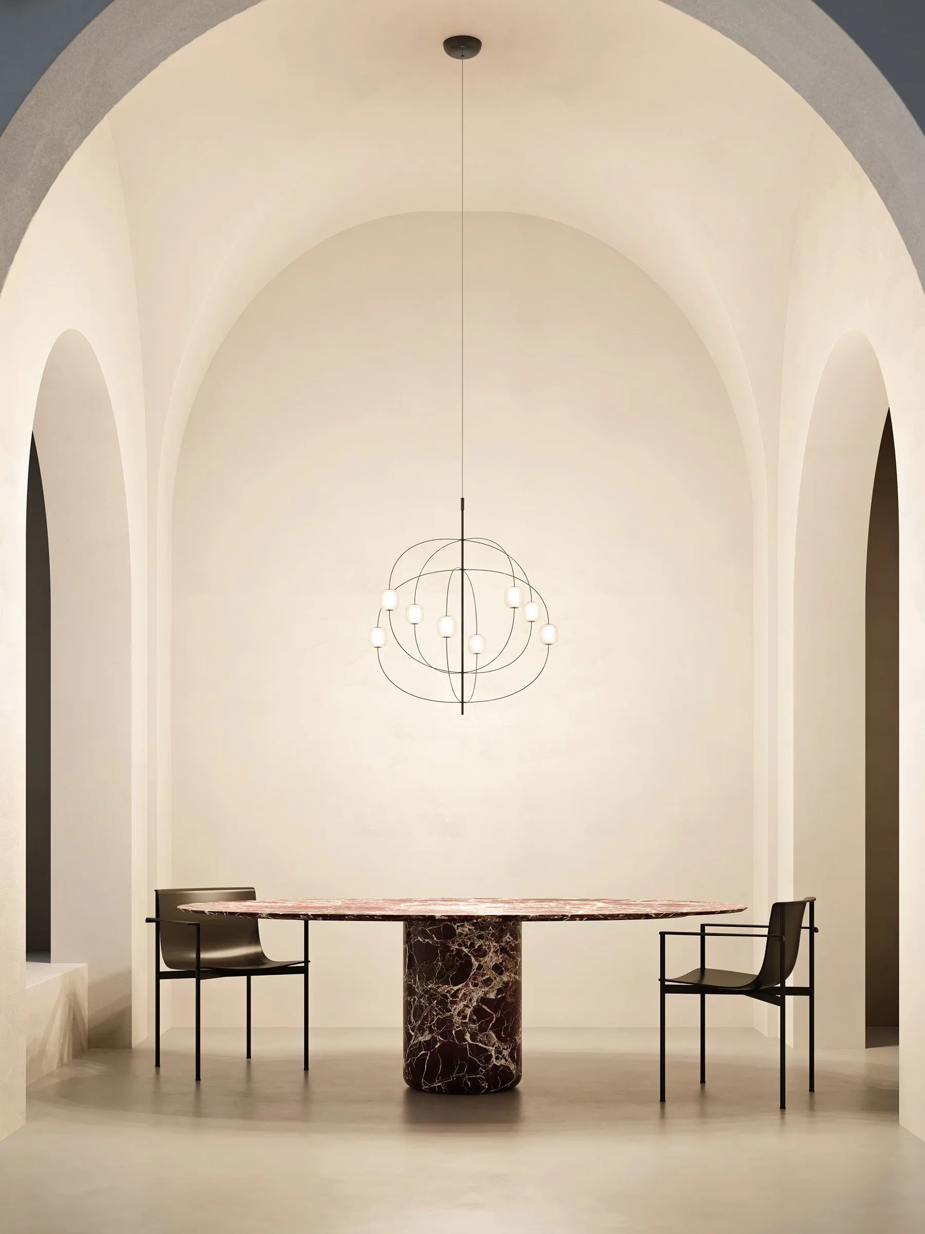 Sala elegante con tavolo in marmo rosso, due sedie nere con braccioli, lampadario moderno e arches in stile minimalista.
