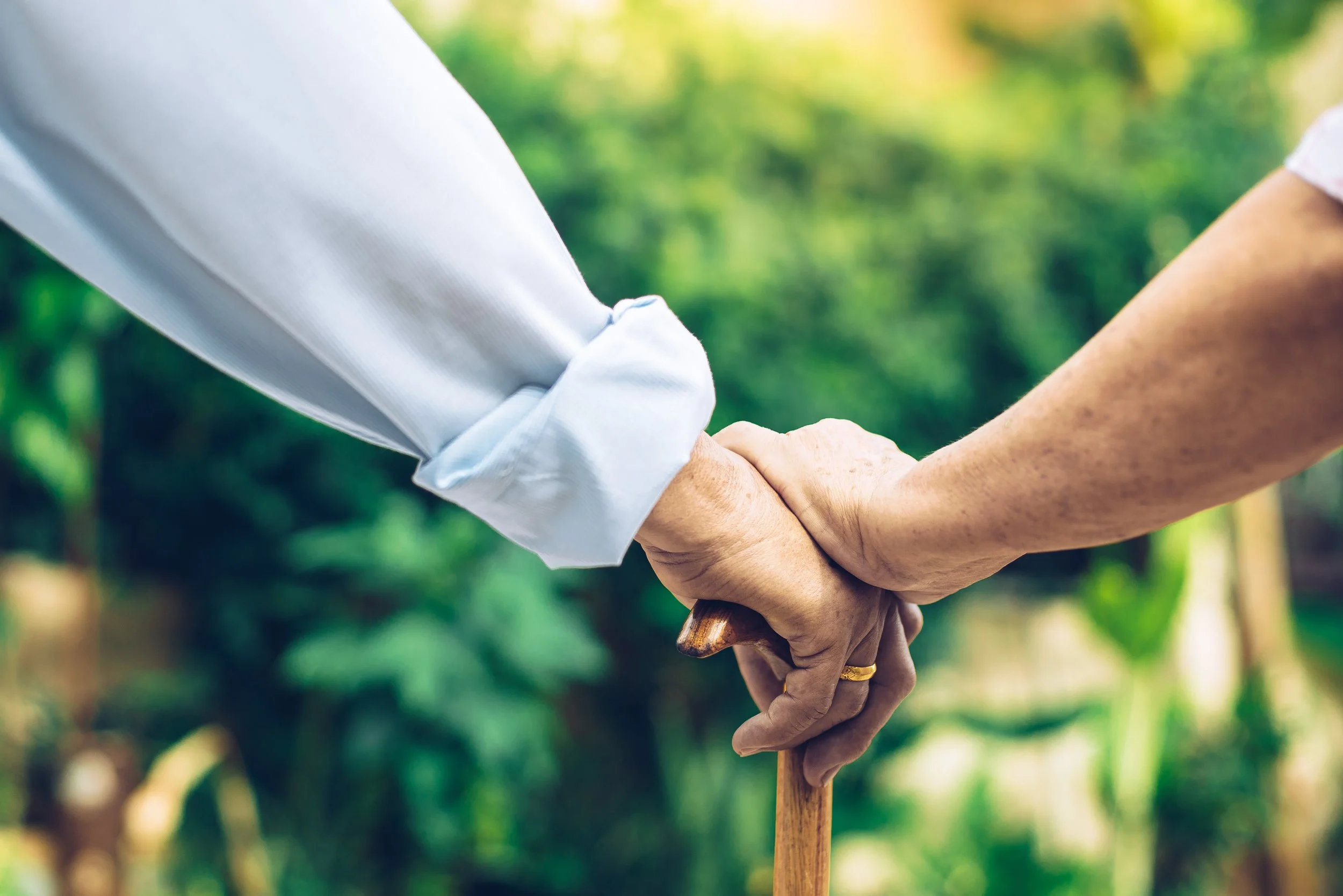 Two people holding hands, one appears to be elderly and the other middle-aged, outdoors with trees in the background.