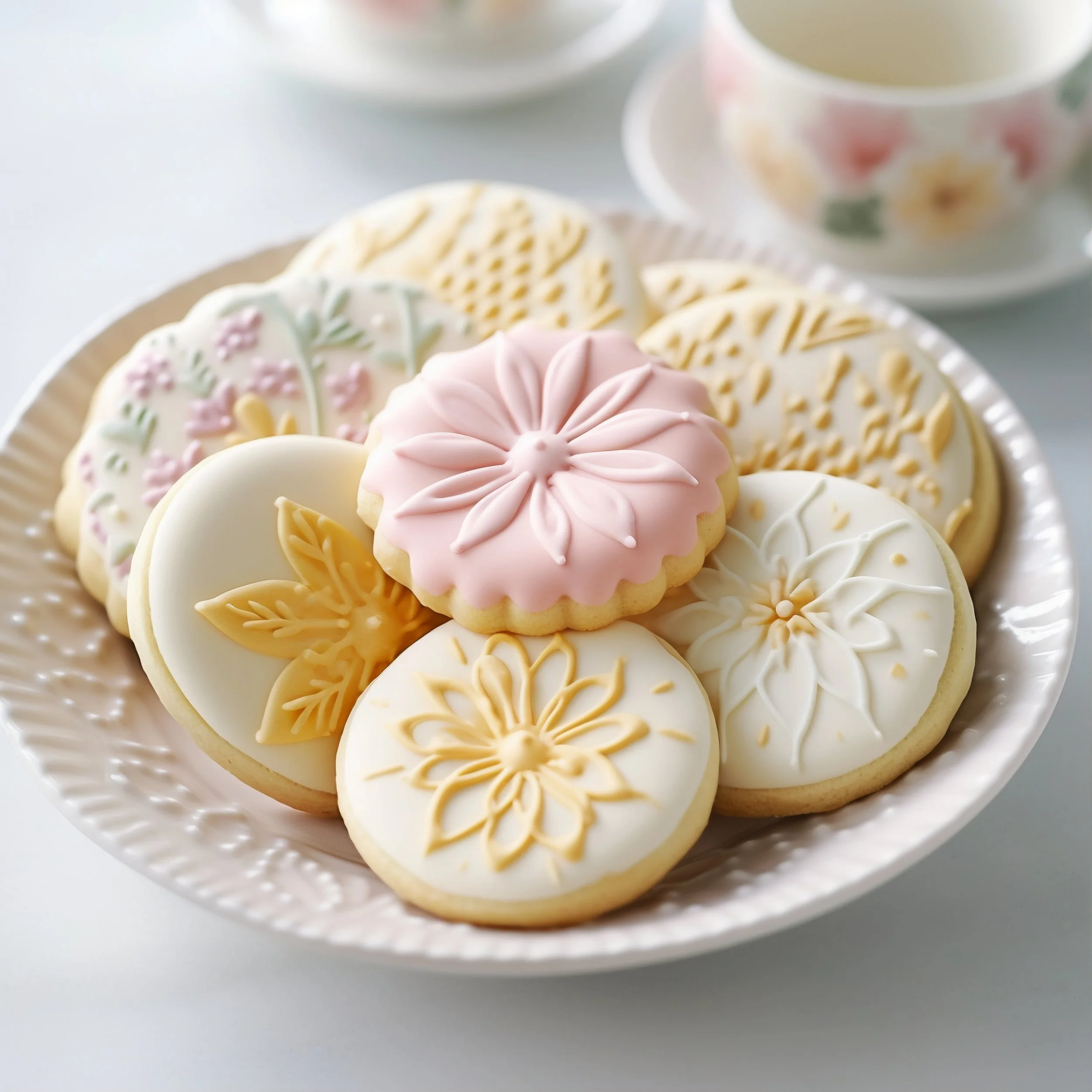 Pastel iced cookies arranged on a plate