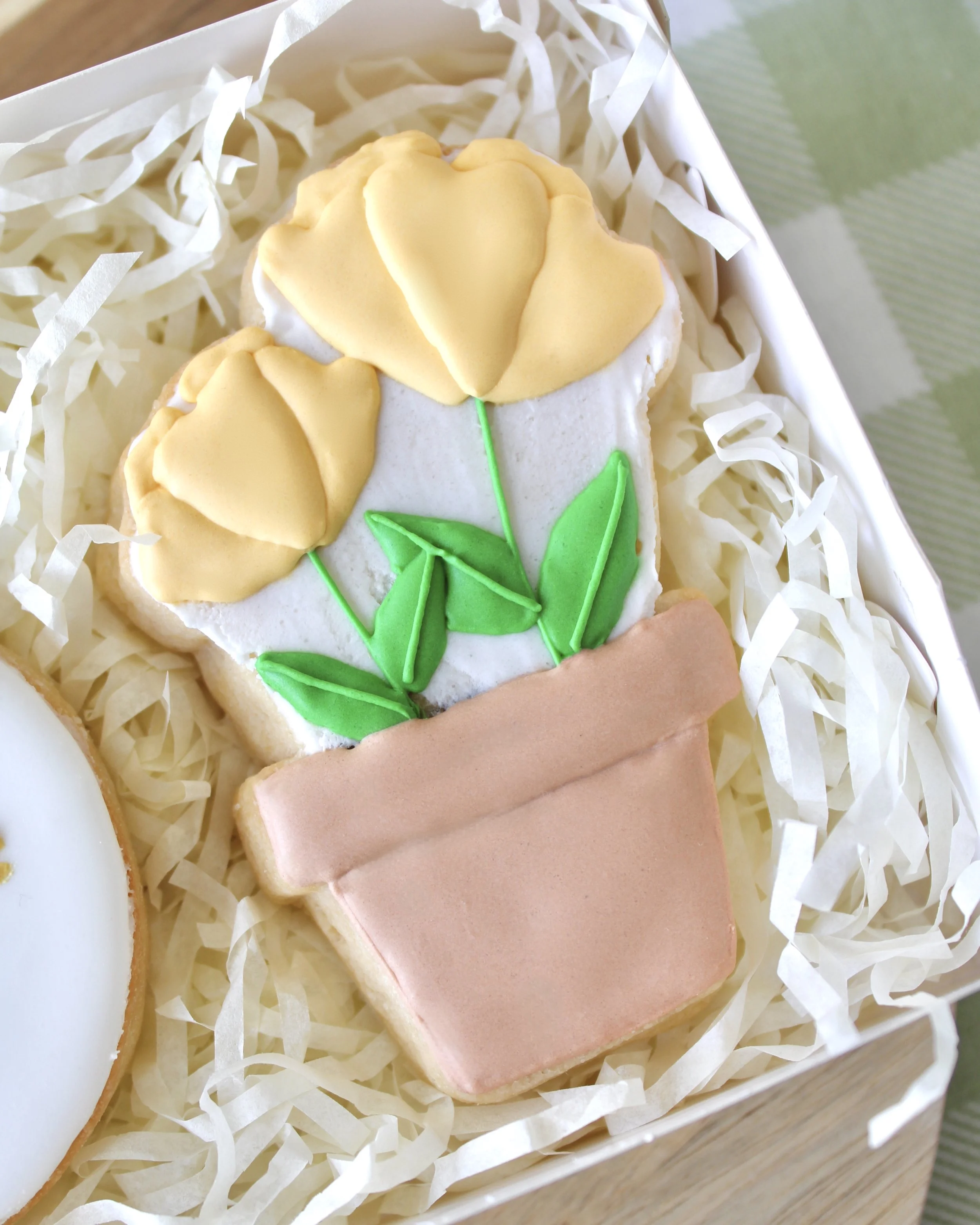 Close-up of a terracotta pot cookie decorated with yellow flowers and green leaves.