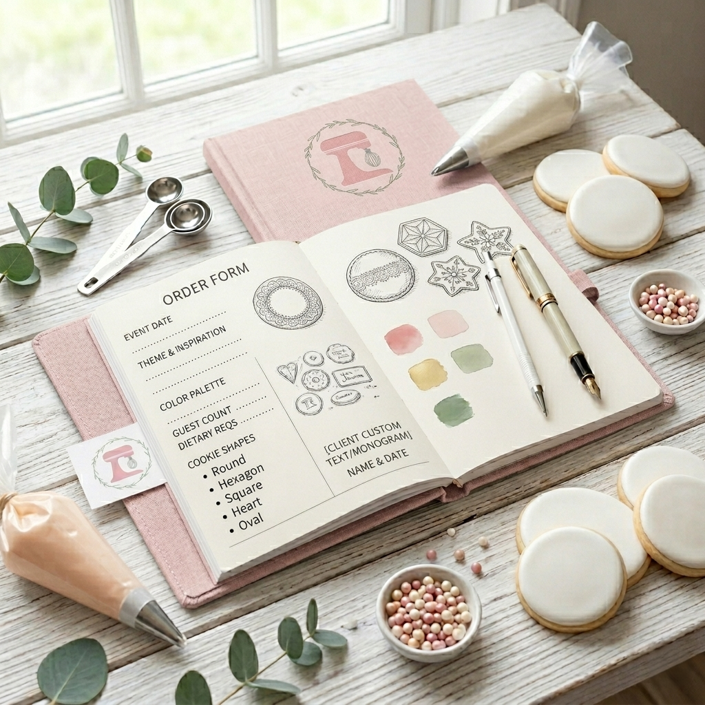 And Everything Nice pink notebook opened to a custom cookie order form with pens, white iced cookies, candy pearls, piping bag, eucalyptus and measuring spoons on a white wooden table.