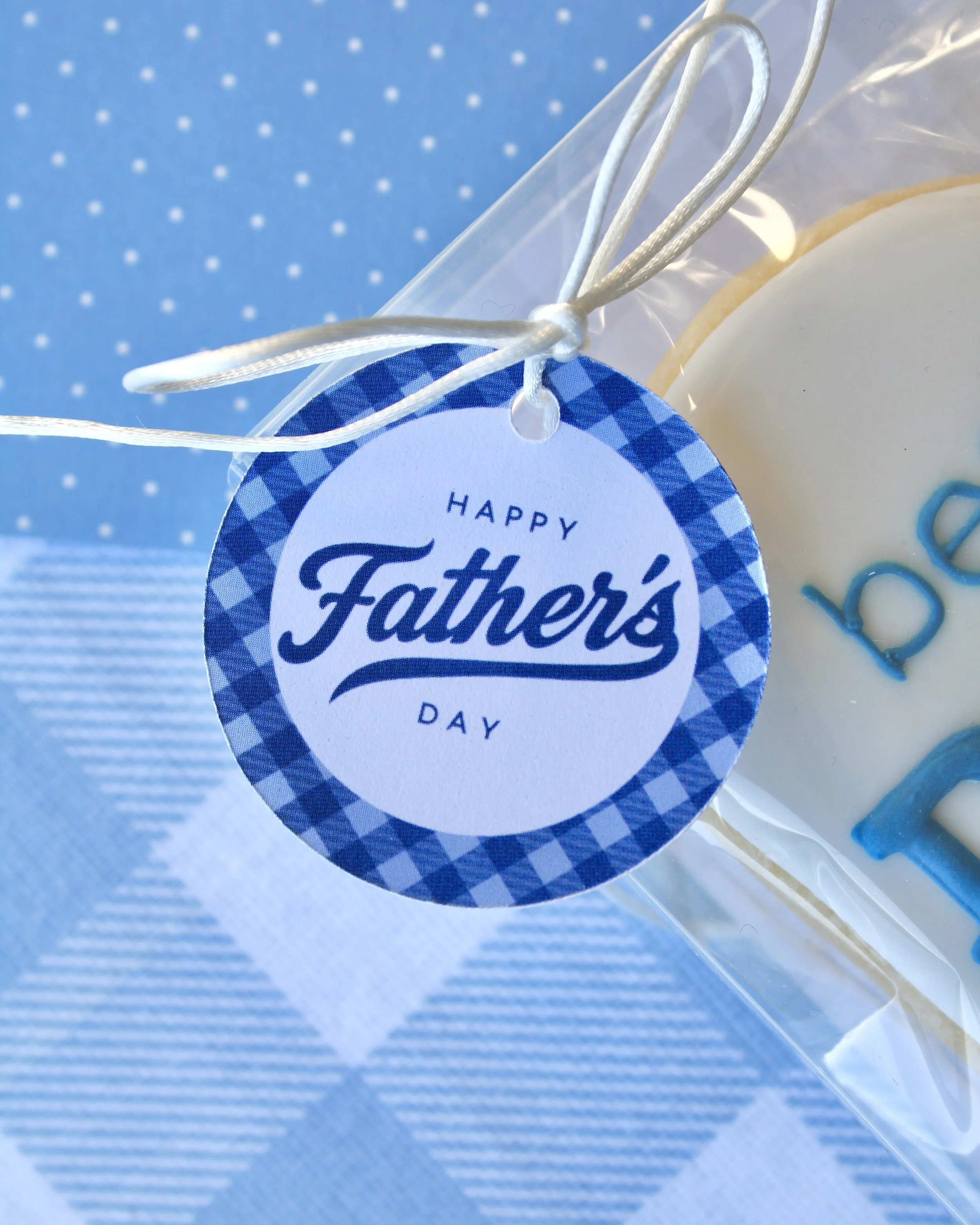 Close up of Happy Father's Day round cookie gift tag with blue and white gingham fabric in the background.