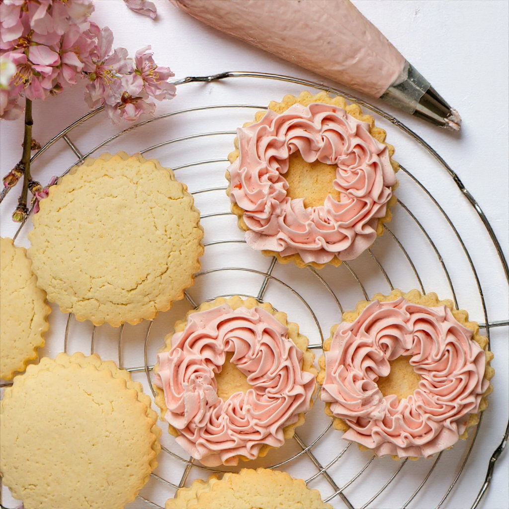 Vanilla sugar cookies with swirls of pink frosting and piped icing detail