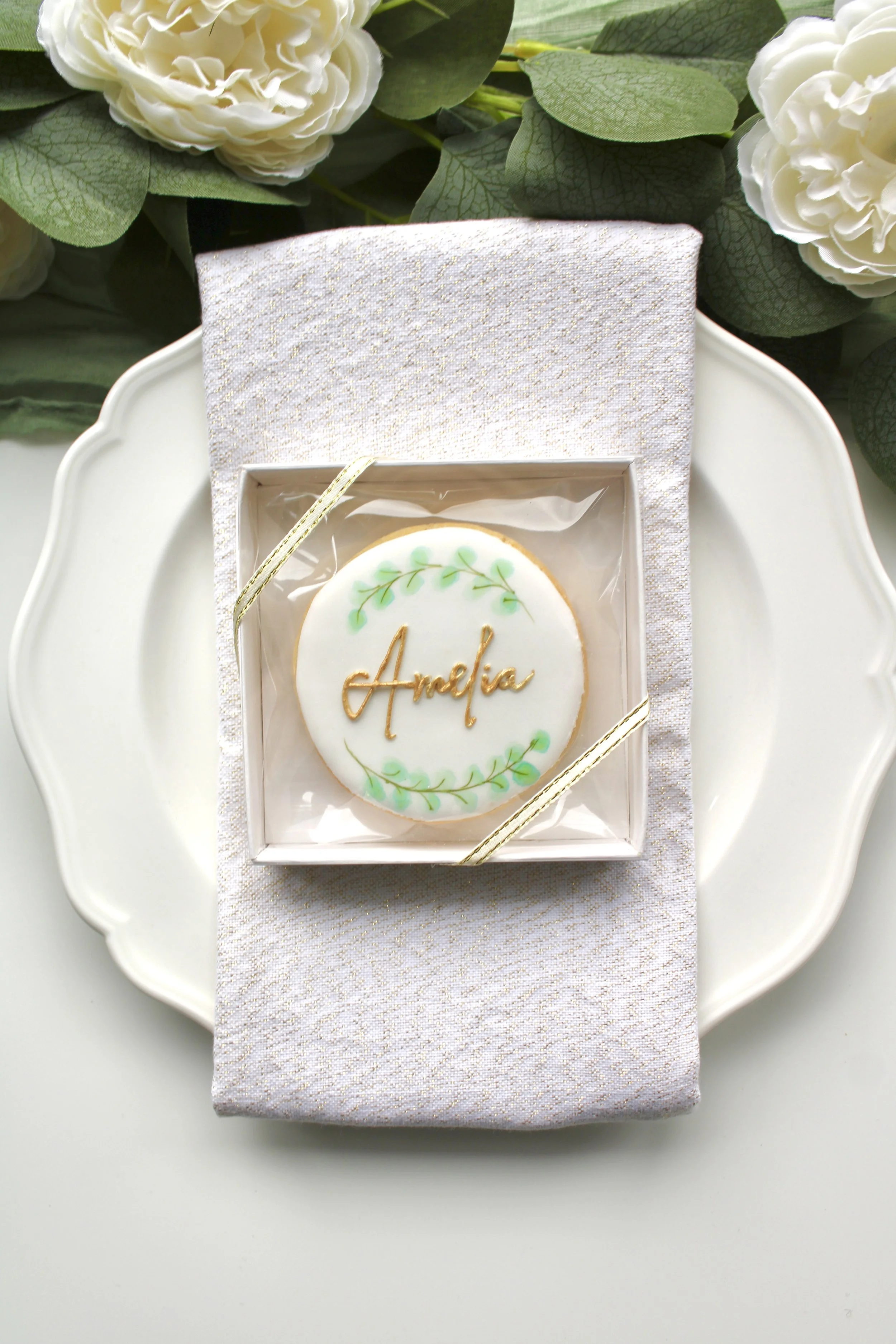 Personalised Handpainted Eucalyptus Wedding Place Card Cookies