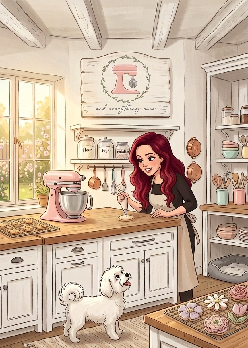 Woman with red wavy hair icing a cookie in a cosy kitchen with a fluffy white dog, pink stand mixer, baking jars, cooling cookies and an “And Everything Nice” sign.