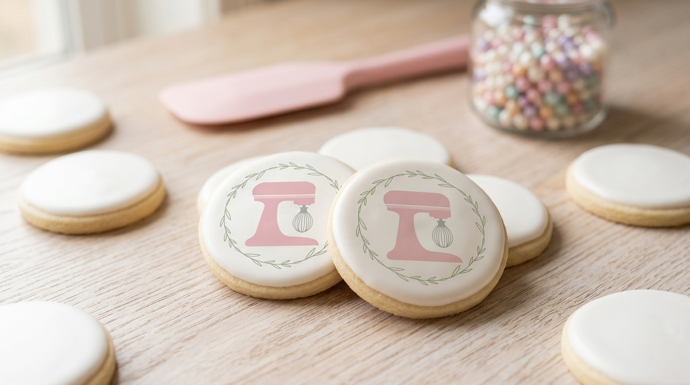 Cookies decorated with pink stand mixer and whisk logo, with scattered plain cookies, a pink spatula, and a jar of colorful sprinkles on a wooden surface.