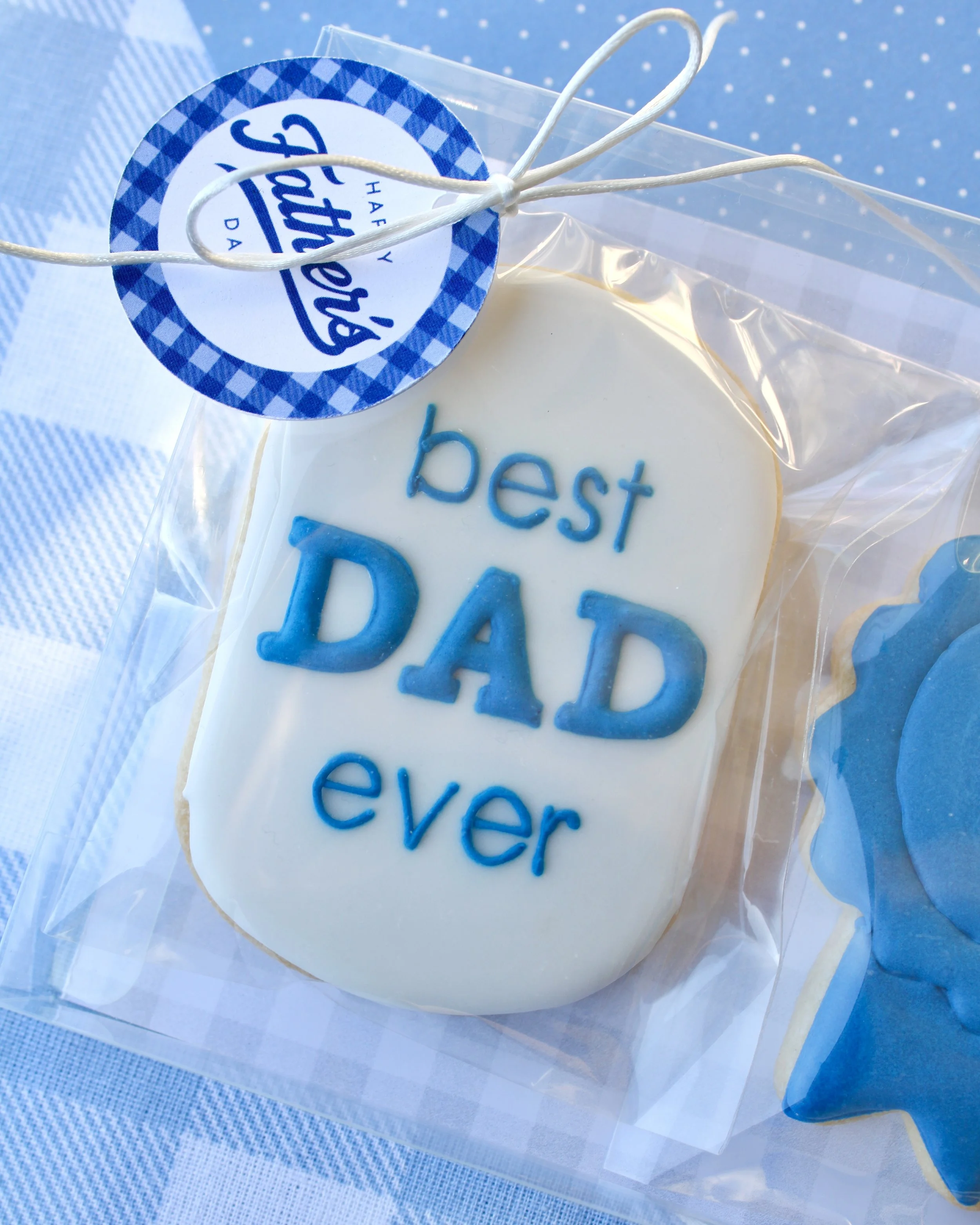 Close up of Father's Day cookie featuring a white "Best Dad Ever" plaque with blue icing lettering, styled on blue and white gingham fabric.