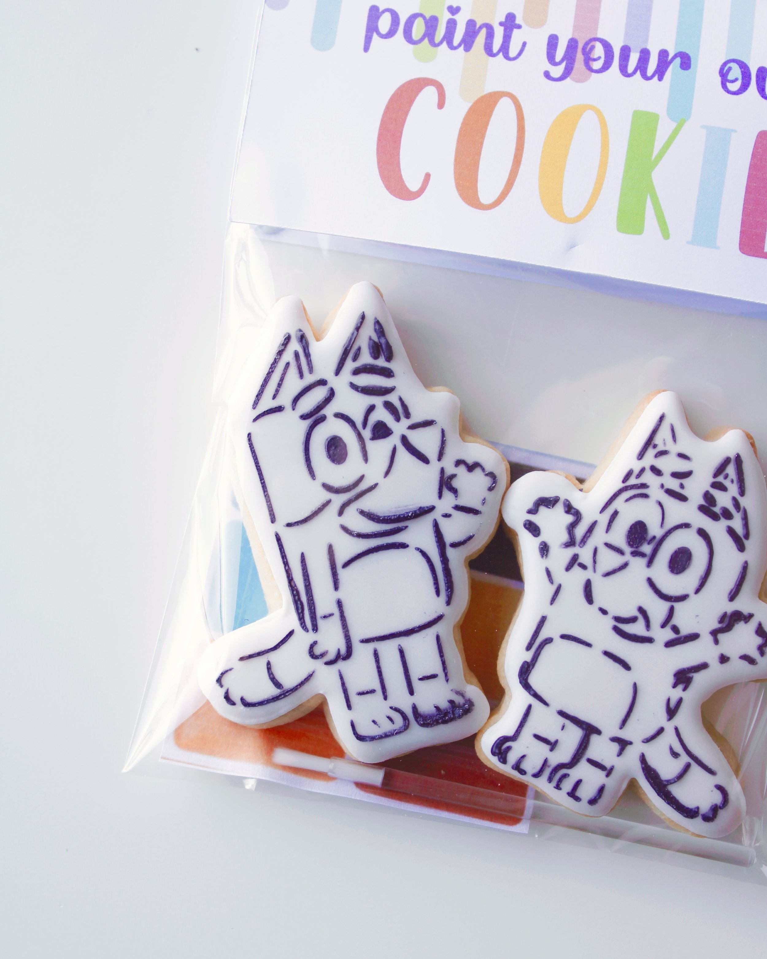 Paint your own cookie pack featuring Bluey and Bingo cookies, white icing designs with black stencilled outlines, and a rainbow “Paint Your Own” bag topper.