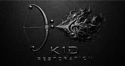 A black metallic bow and arrow with a musical note and flames design, with the text 'KID Restoration' beneath.