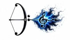 A bow shooting an arrow that transforms into a blue flame with a musical treble clef symbol.
