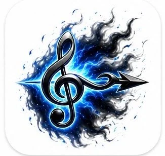 A musical treble clef symbol with an arrow, surrounded by blue and black abstract fiery effects.