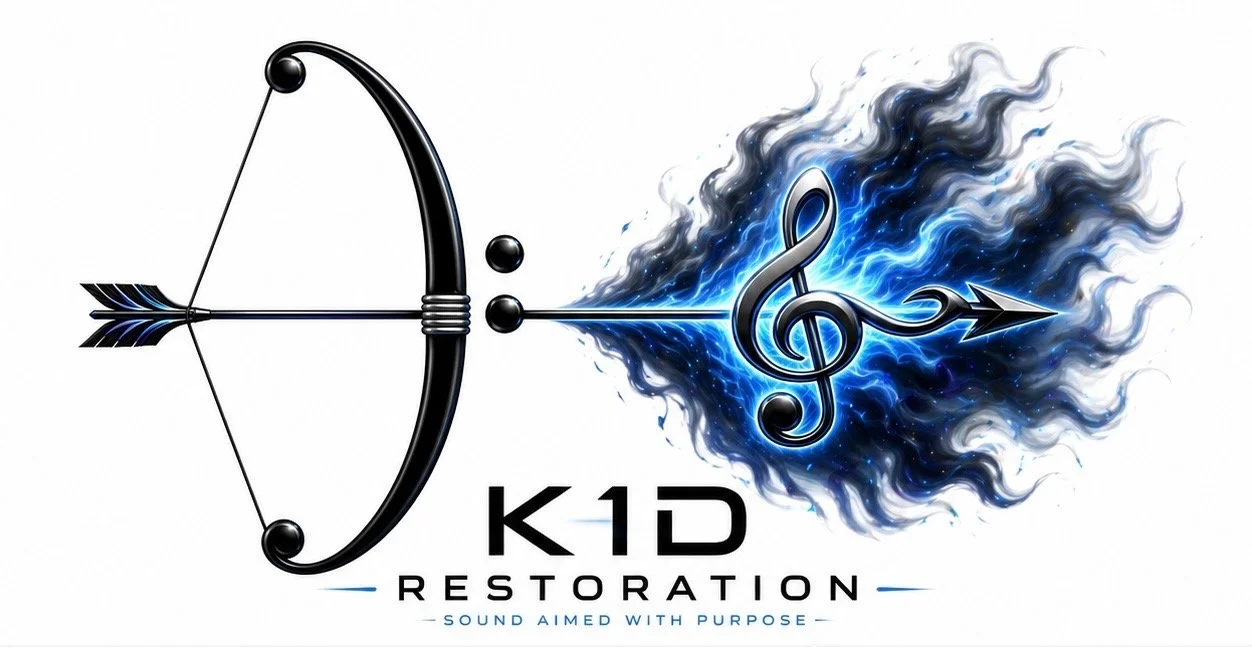 A graphic of a bow and arrow, with the arrow hitting a musical note that appears as a fiery explosion of black and blue flames, representing sound or music. Below, the text reads "K1D Restoration" with the slogan "Sound Aimed with Purpose."