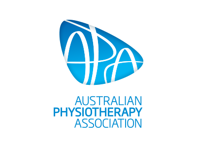 Logo for the Australian Phyiotherapy Association with blue and white colors and stylised text.