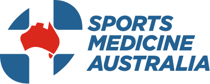 Sports Medicine Australia logo with a red heart at the center and blue cross-like design elements.
