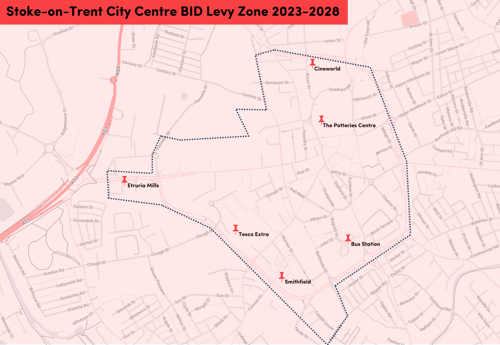 Map of the Stoke-on-Trent City Centre BID Levy Zone from 2023 to 2028, including locations such as Cineworld, The Potteries Centre, Etruria Mills, Tesco Extra, Bus Station, and Smithfield, outlined with a dashed blue line and a pink background.