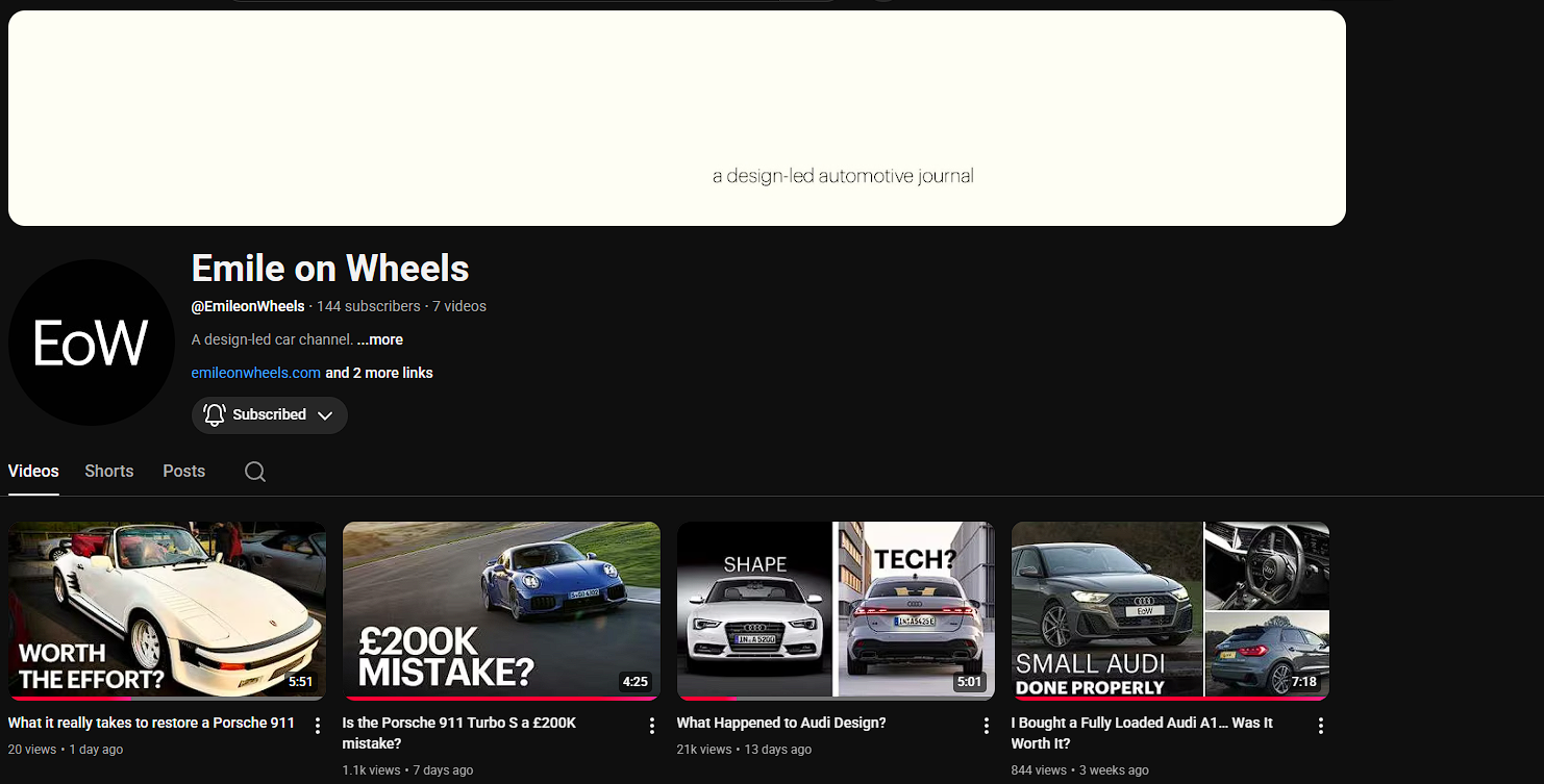 Screenshot of the YouTube channel 'Emile on Wheels' with various car videos, including images of Porsche and Audi cars.