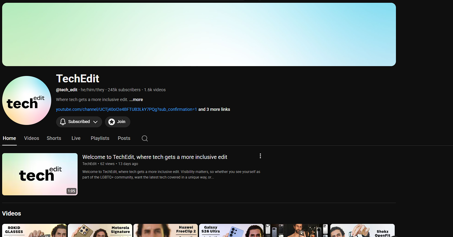 Screenshot of the YouTube channel page for TechEdit, showing the channel's banner, profile picture with a pastel gradient background, and video thumbnails of tech devices.