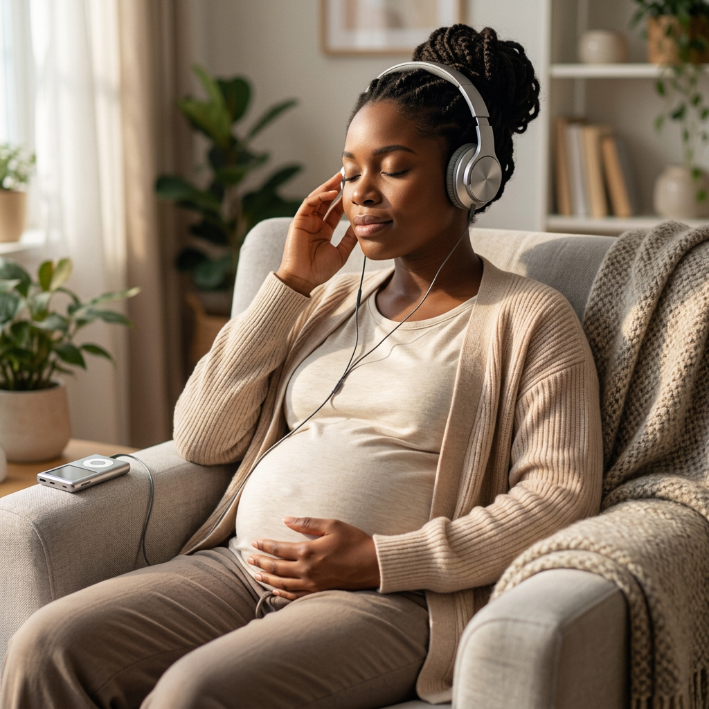 Pregnant lady sat on her sofa hypnobirthing