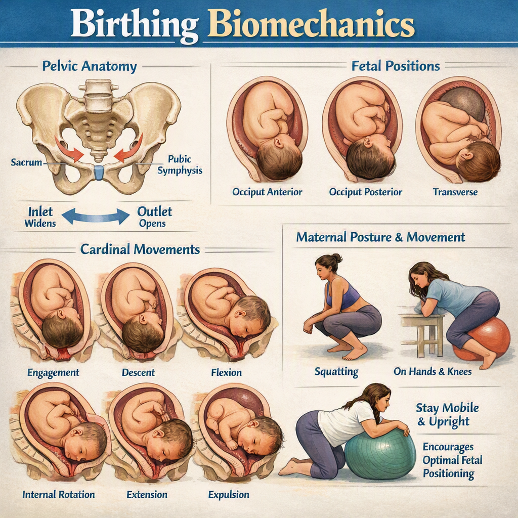An educational poster titled "Birthing Biomechanics" showing diagrams of pelvic anatomy, fetal positions, cardiac movements during fetal development, and maternal posture and movement exercises. It includes illustrations of fetal positions in the womb (Occiput Anterior, Posterior, Transverse), and maternal poses like squatting, on hands and knees, and using a stability ball to promote optimal fetal positioning.