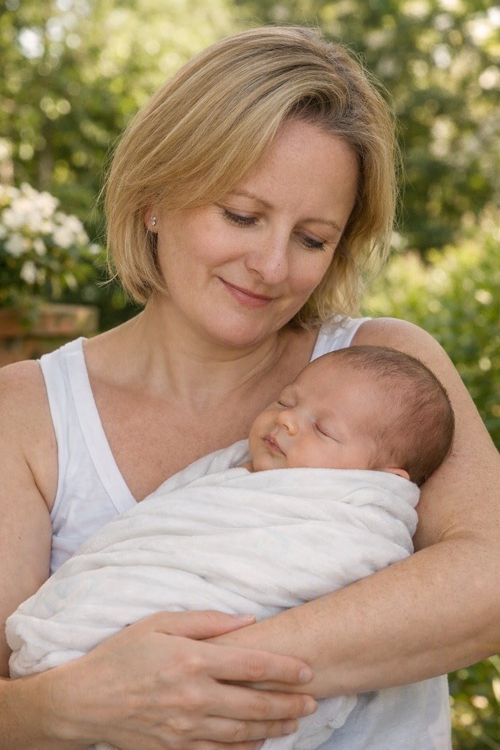 Kelly Woolhouse, postnatal doula, holding a sleeping baby wrapped in a white blanket outdoors with green foliage in the background.