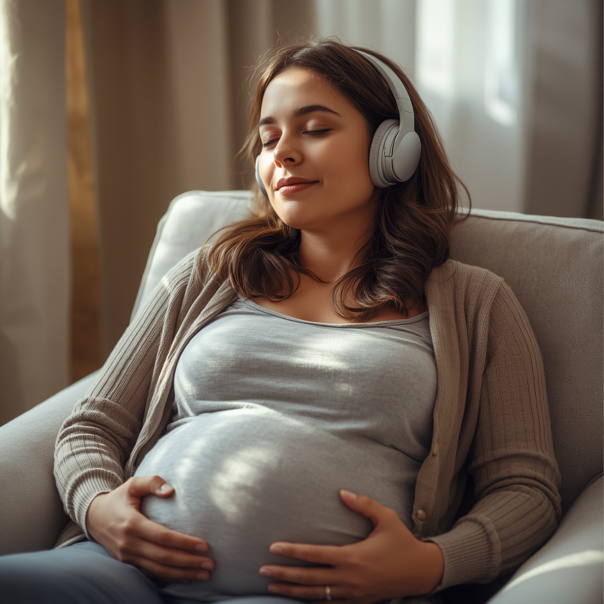 Woman sat on a comfy armchair listening to her hypnobirthing MP3