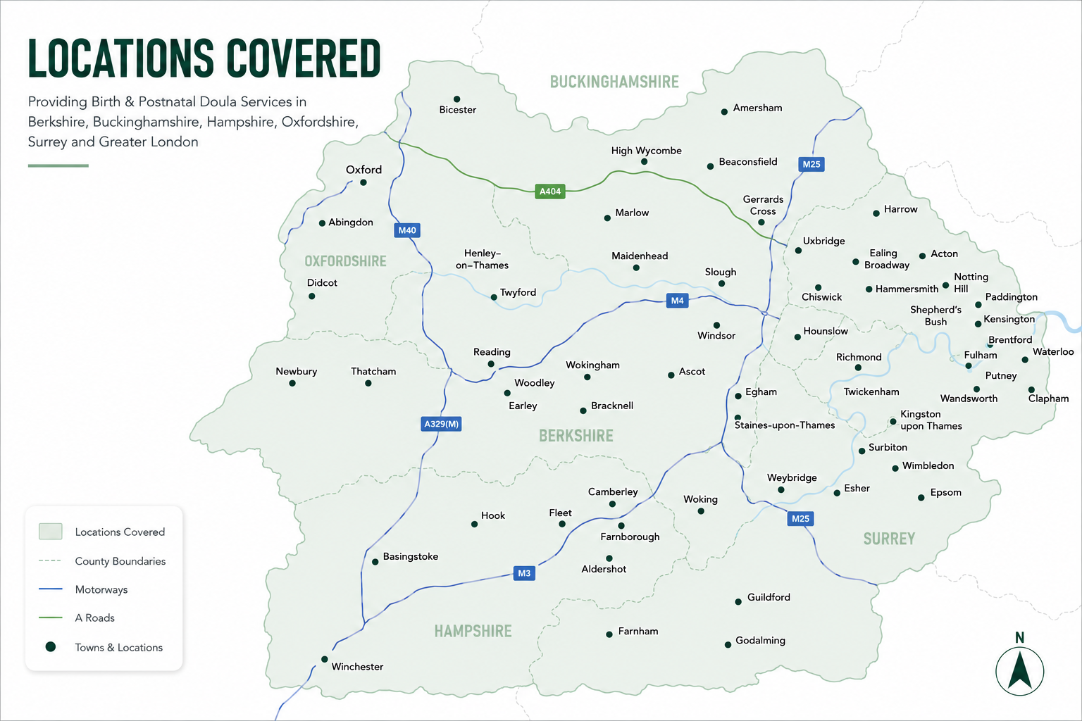 Locations covered map, showing towns for birth and postnatal doula support in Berkshire, Buckinghamshire, Hampshire, Oxfordshire, Surrey and Greater London