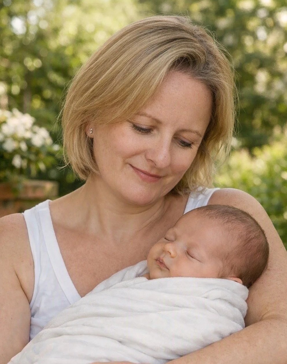Kelly Woolhouse postnatal doula, holding a sleeping newborn wrapped in a white blanket outdoors, with green foliage in the background.