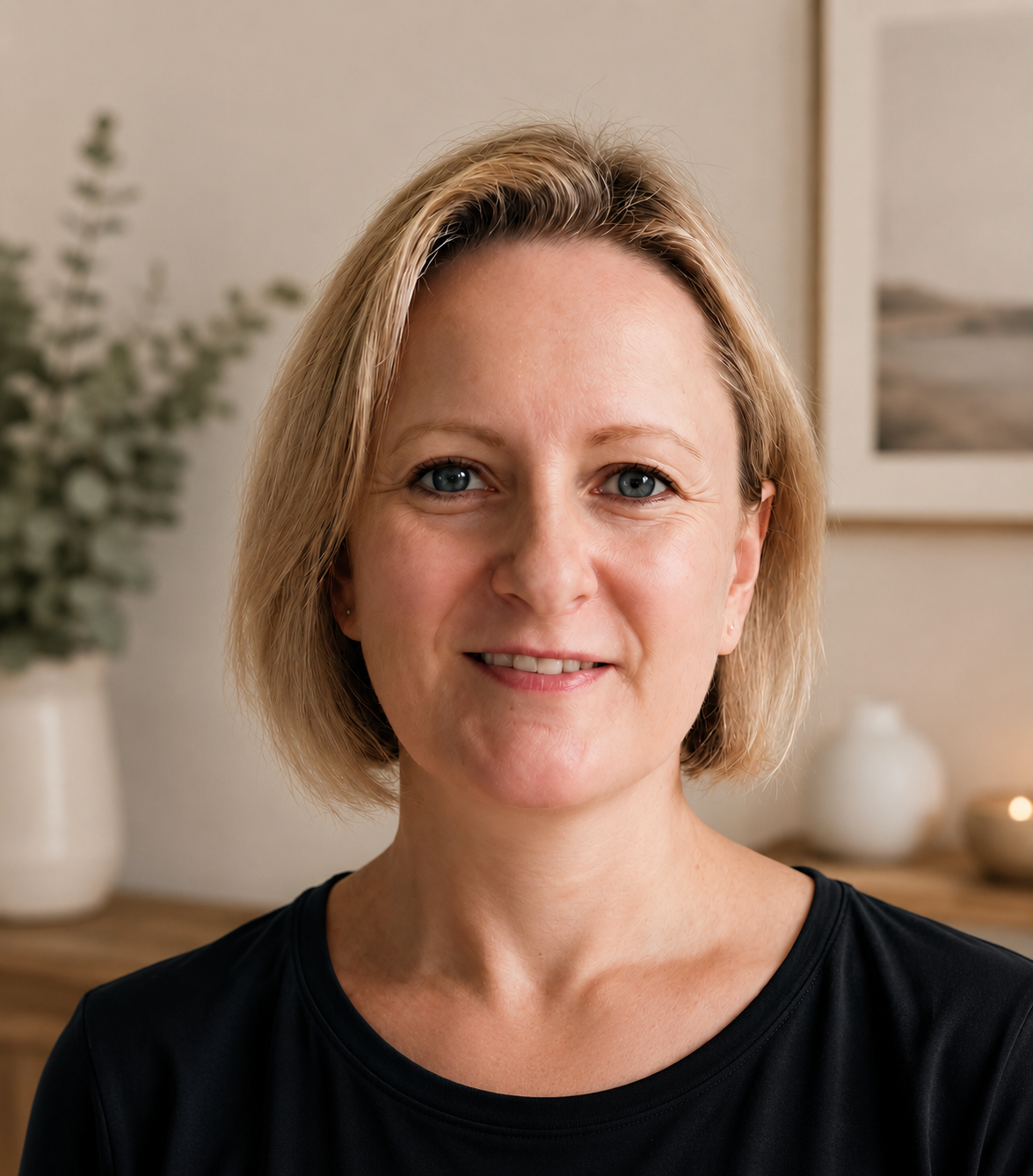Kelly Woolhouse Doula profile picture. Kelly is a woman with short blonde hair and green eyes smiling in a room with neutral decor, including framed artwork and vases in the background.
