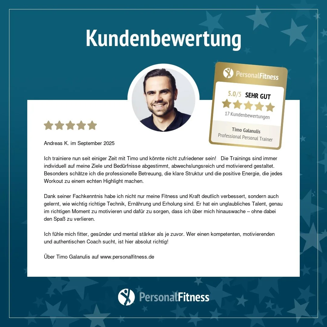 Kundenbewertung für PersonalFitness, zeigt eine Bewertung von 5 Sternen, Zustimmung 'Sehr Gut', 17 Kundenrezensionen, Prof. Personal Trainer Timo Galanulis, mit einem Foto des Trainers und einem Text, der eine positive Rückmeldung zur individuellen Trainingsbetreuung, Struktur, Energie und Technik gibt.
